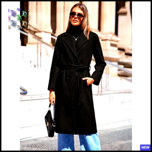 Wool Pea Coat Double Breasted Long Overcoat Trench Classic Elegant Winter - Picture 2 of 7